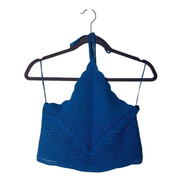 Mango Blue Crochet Halter Crop Top Size S Boho Knit Festival Tank - Picture 2 of 4
